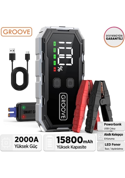 Groove F11 15800mah 2000a Akü Takviye Cihazı Taşınabilir Jump Starter Powerbank+Led Lamba+Lcd Ekran