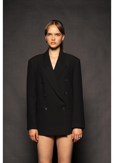 Kadın Siyah Basene Oturan Oversize Blazer Siyah