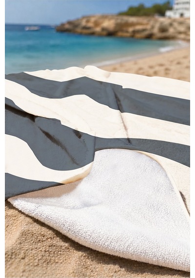 Çizgili Siyah Bej Modern Plaj Havlusu - Minimalist Resort Stil Hızlı Kuruyan Mikrofiber Havlu Puslu Dalgası