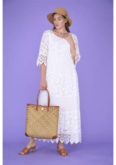 Eren Style İtalyan Sunshine İpek Detaylı Dantelli Elbise Beyaz