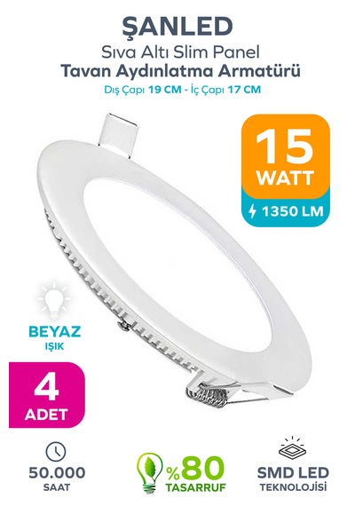 15w Tasarruflu Led Yuvarlak Beyaz Işık Sıva Altı Slim Panel Tavan Aydınlatma Armatürü-4 Adettir