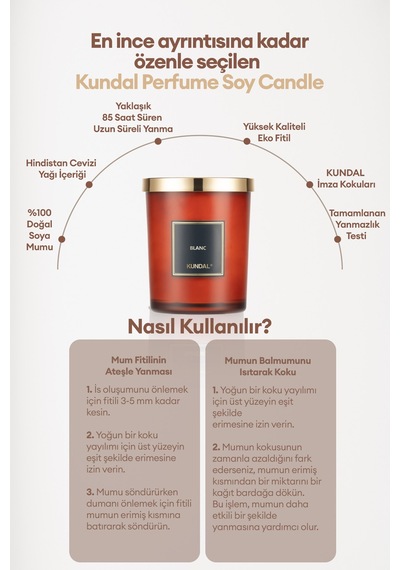 Parfümlü Doğal Soya Mumu Kundal Perfume Natural Soy Wax Candle 500g Blanc