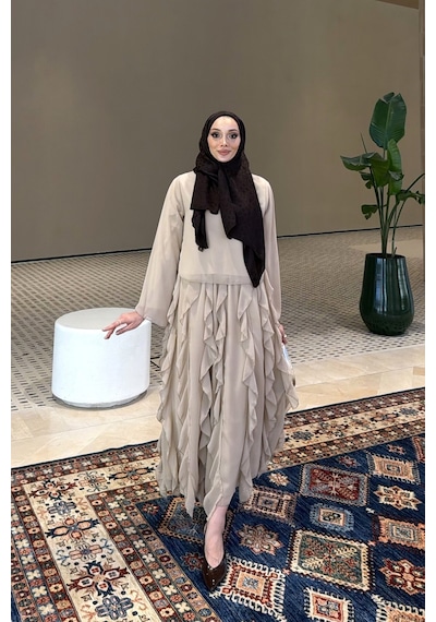 Riella Butik Mirel Volanlı Tesettür Takım Vizon