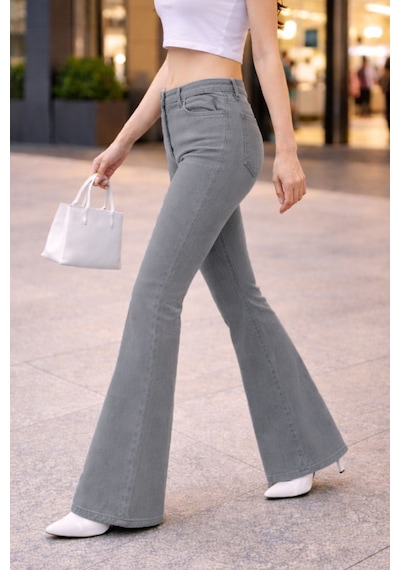 Cedy Denım Yüksek Kalite Kadın 5 Cep Düşük Bel İspanyol Paça Skinnyfit Esnek Jean Pantolon C619 Taş Rengi
