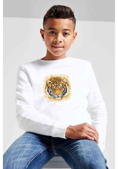 Tshirthane Kaplan Tiger Baskılı Unisex Çocuk Beyaz Sweatshirt Beyaz