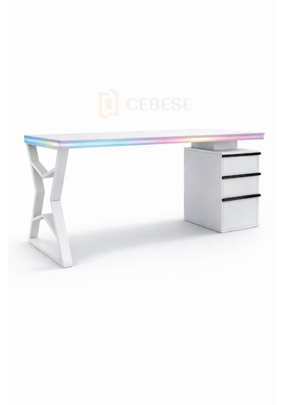 Bilgisayar Masası + Rgb Led - 170 65 77 Cm Kumandalı Ve Telefon Kontrollü Beyaz