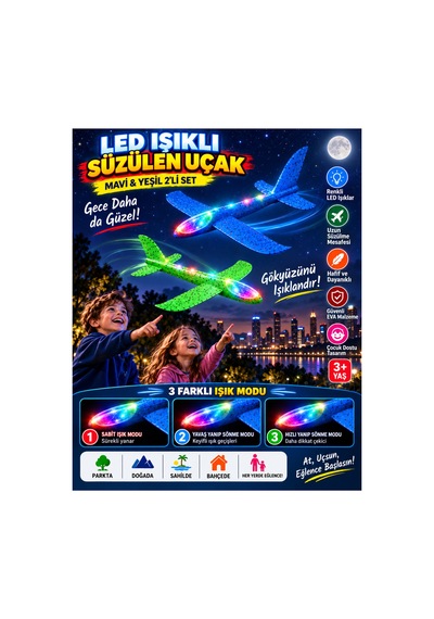 2 Li Led Işıklı Köpük Uçak Seti Mavi & Yeşil Hafif Dayanıklı Fırlatma Uçağı Açık Hava Oyuncağı - 922546684