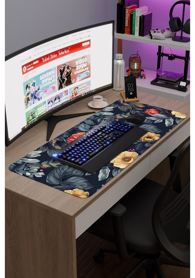 Çiçek Desenleri Kaymaz Dikişli Kauçuk Oyuncu Mousepad V5 - 90x40 Xxl Gaming Mouse Pad Fare Altlığı