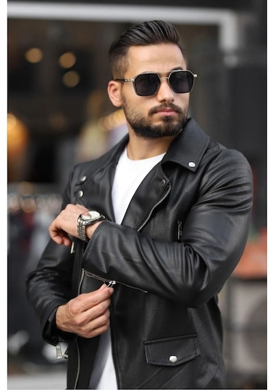 Prifaldi Erkek Biker Kemerli Deri Ceket Siyah