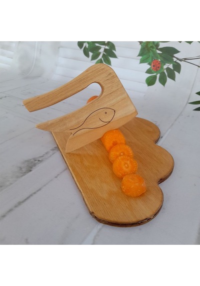 Güvenli Ve Dayanıklı Ahşap Çocuk Bıçağı Ve Bulut Desenli Kesme Tahtası / 2'li Set Ahşap