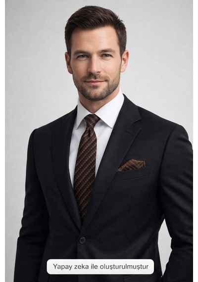 Gaffy Kahverengi Küp Desenli Bej Dokuma Kumaş Mendilli Slim Fit Kravat // Sdk-2605-6 Bej