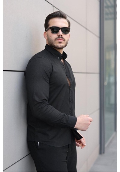Baselco Premum Dik Yakalı Slim Fit Keten Görünümlü Gömlek Siyah