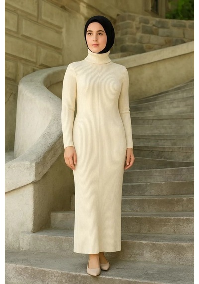 Kadın Tesettür Triko Elbise Boğazlı Uzun Fitilli Dokuma Esnek Tam Kalıp 130 Cm - Beyaz Beyaz