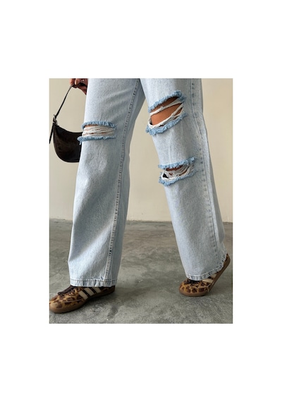 Blue Marlın Çift Diz Lazer Yırtık Boyfriend Bol Paça Jeans Taş
