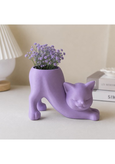 Kedi Figürlü Mini Saksı Dekoratif Saksı Mor