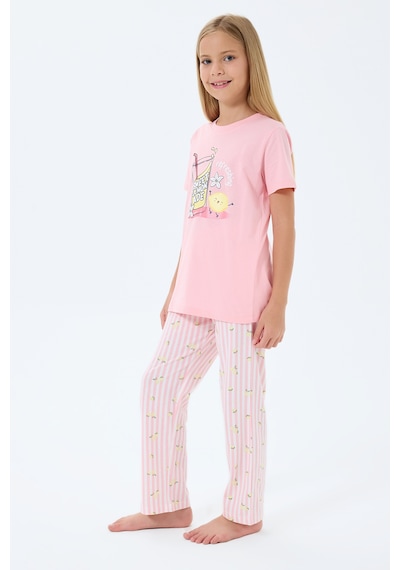Rolypoly 3776 %100 Pamuk Kız Çocuk Kısa Kol Cepli Pijama Takımı Somon