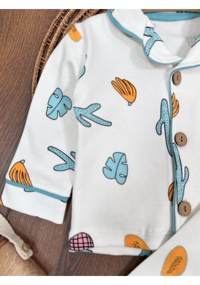 Kruvaze Yaka %100 Pamuk Önden Düğmeli Mevsimlik Ünisex Bebek Ve Çocuk Pijama Takımı 4bb2 Beyaz