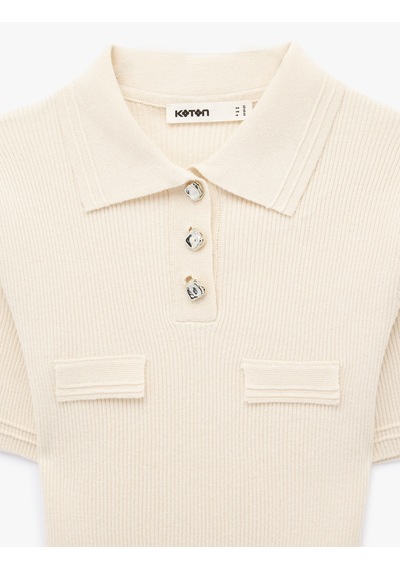 Koton Slim Fit Yarım Düğme Detaylı Kısa Kollu Polo Yaka Triko Kazak Krema 6sak90022ht