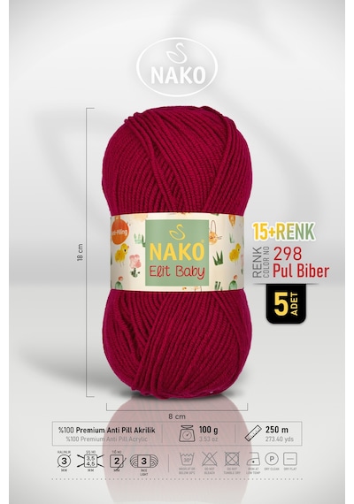 Elit Baby - 298 Pul Biber - 5'li Paket - 100gr/250m - Bebek İpi - Anti Pilling Tüylenmez İp
