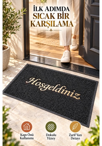 Siyah 40x60 Cm Hoşgeldiniz Yazılı Kapı Önü Paspası Kıvırcık Dokulu Altın Yazılı Dekoratif Ev Paspası
