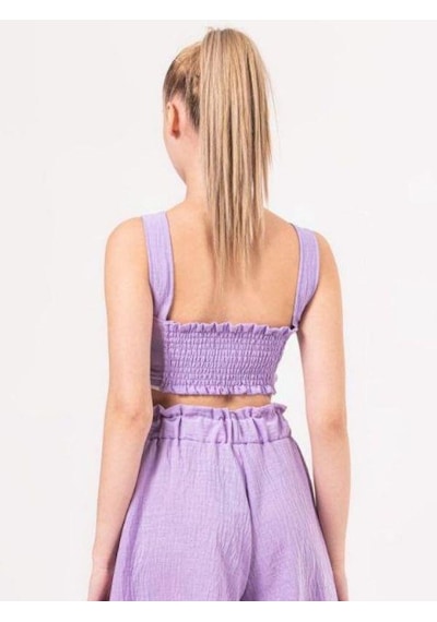 Kız Çocuk Keten Kısa Crop Bluz-13938-lila Lila