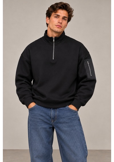 Cool Tarz Erkek Siyah Oversize Sweatshirt Yarım Fermuarlı Dik Yaka Kol Cepli 3 İplik Şardonlu Kışlık Sweat Siyah Siyah