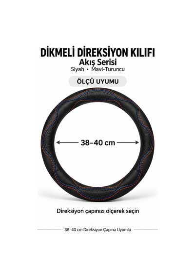 Trobus Citroen C3 2024-2025 Uyumlu Dikmeli Direksiyon Kılıfı Akış Siyah Mavi-turuncu Siyah - Mavi-turuncu