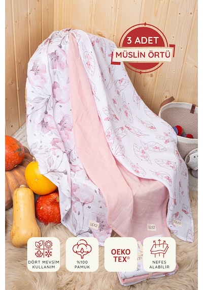 Luckka Dijital Baskılı 3'lü Müslin Örtü Seti - 75x75 Cm - Zt5000 Pembe Pembe