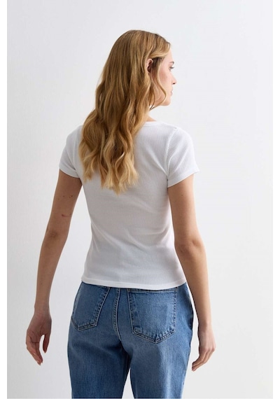 Rooted Kadın Kare Yaka T-shirt & Bluz , Likralı Fitilli Kaşkorse Kumaş Beyaz
