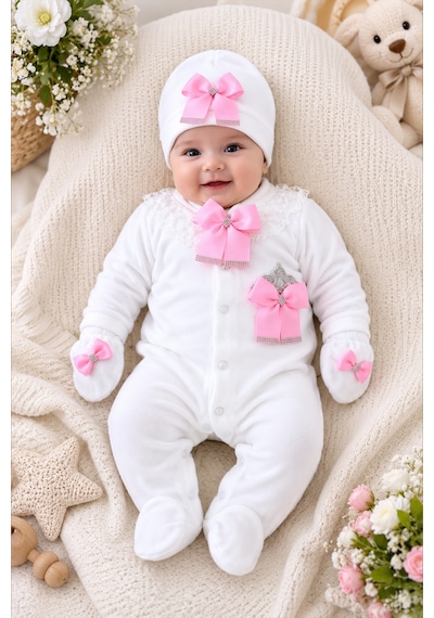 Sitilin Kız Bebek Kadife Kışlık Fiyong Taşlı Lüks Tulum Seti Premium Yenidoğan 0-3 Ay Stl7247 Pembe