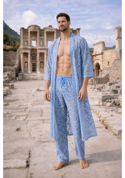 Qmen Style Erkek Güpür Dantel Kimono Takımı 3 Lü Dantel Set Bornoz + Pantolon + Şort Mavi