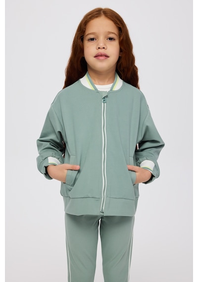 Panço Kız Çocuk Kolej Yaka Yakası Çizgili Fermuarlı Yeşil Sweatshirt