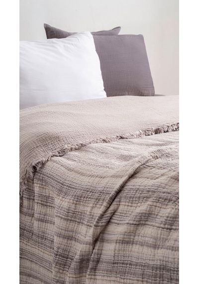 Boho Çizgili Yatak Örtüsü 4 Katlı Müslin%100 Pamuk Yumuşak Lüks Yazlık Pike Çift Kişilik Battal Boy 240x260 Cm Gri Çok Renkli