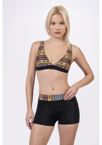 Endeep Kadın Etnik Desenli Özel Dokulu Kumaşlı Şortlu Bikini Takımı Siyah