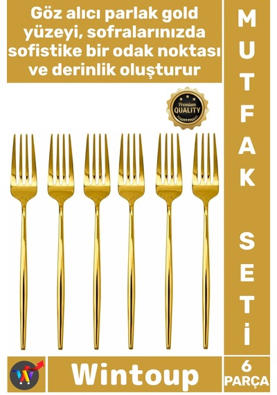 Çatal Lüks Şık Modern Tasarım Mutfak Sofra Paslanmaz Çelik Gold Renk 6 Parça Yemek Çatalı Seti