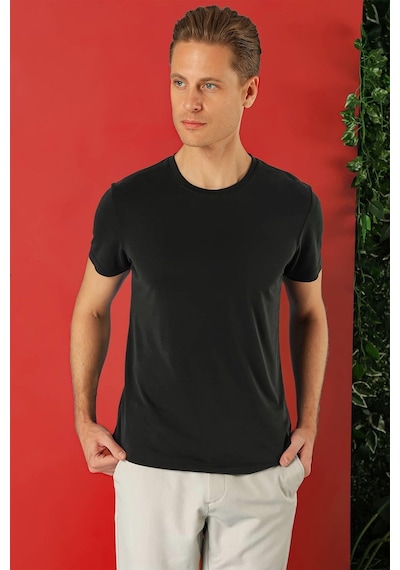 Efor Slim Fit Bisiklet Yaka %100 Pamuk Siyah Tişört Ts 878 Siyah