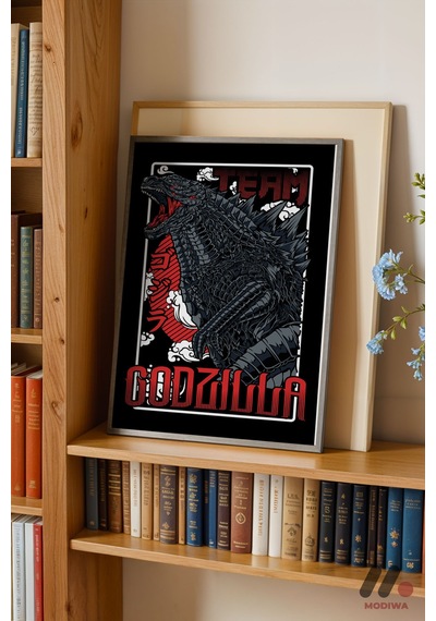 Godzilla Retro Poster, Siyah Çerçeveli Duvar Tablosu - Anime Severlere Özel Hediye