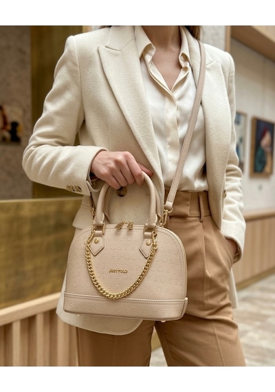 Just Polo Kadın Zincir Detaylı Lüks El Ve Omuz Çantası Shopper Ebat : 25x22 Cm Ekru