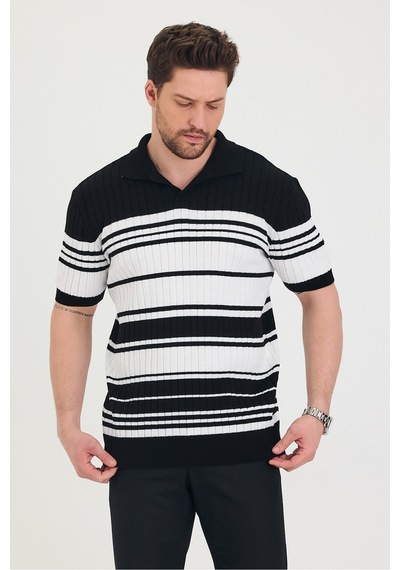 Cool Tarz Erkek Polo Siyah Beyaz Çizgi Detaylı Triko T-shirt Siyah Siyah