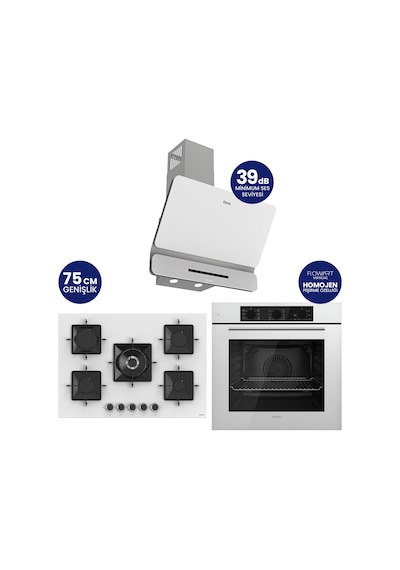 Flowart Turbolu Silenart QBL62CB - SS036 - D081SA Beyaz Cam Ankastre Set