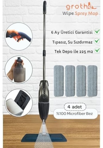 Grothe Wipe Sprey Mop Gri 4 Mop Bezli Tıpasız Sistem 700 Cc Su Hazneli Mikrofiber Parke Mermer Fayans İçin Üretici Garantili Açık Bej
