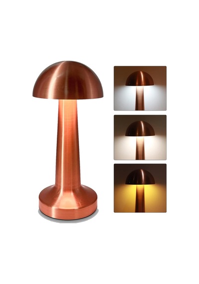 Mantar Masa Lambası Rose Bakırrenk Şarjlı Kablosuz Metal Masa Lambası, Dokunmatik Led Başucu Lambası Rose Gold