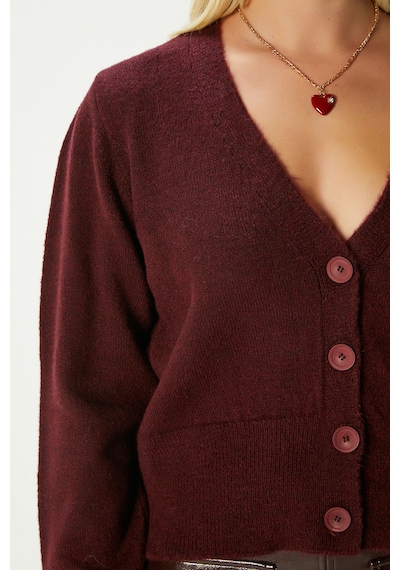 Ritnice Kadın Bold Yumuşak Doku V Yaka Bordo Triko Hırka 70148 Bordo