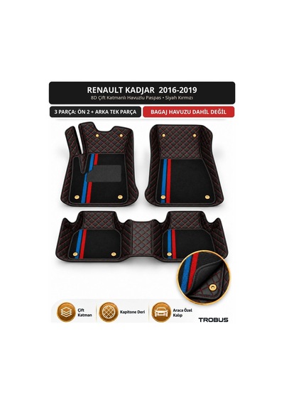 Renault Kadjar 2016-2019 Uyumlu 8d Çift Katmanlı Havuzlu Paspas Kapitone Deri Siyah Kırmızı