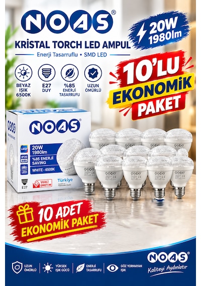 Noas Kristal Torch 20w Led Ampul 1980 Lümen, 6500k Beyaz Işık, E27 Duy / 10'lu Ekonomik Paket