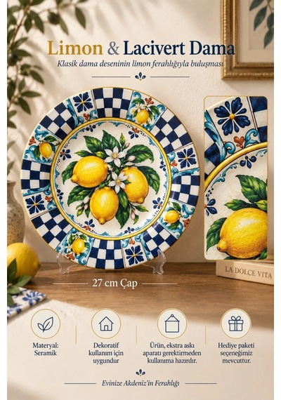 Dekoratif Duvar Tabağı - Limon Ve Lacivert Dama Desenli - Dekorlu Seramik Tabak