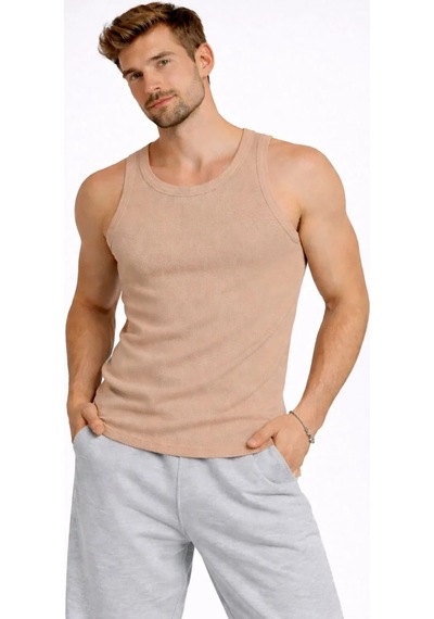 Tarzyeri Erkek Spor Slimfit Fitilli Kaşkorse Arka Basklı Atlet 2'li Set Kahverengi-beyaz