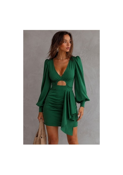 Store V Yaka Mini Elbise Kollu Balon Yeşil - 935902169 Yeşil
