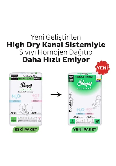 Sleepy Natural Double Soft Fırsat Paketi Bebek Bezi 1 Numara Newborn 50 Adet