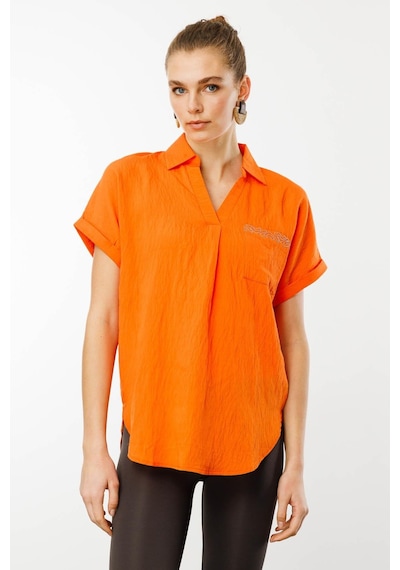 Desen Triko Kadın Polo Yaka Düşük Kol Gömlek Oranj Oranj
